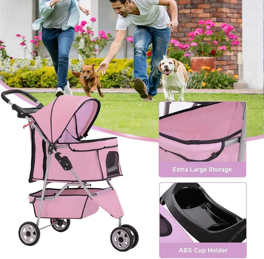 3-Wheel Folding Pet Stroller for Small Dogs and Cats, Waterproof with Cup Holder & Removable Liner, Pink