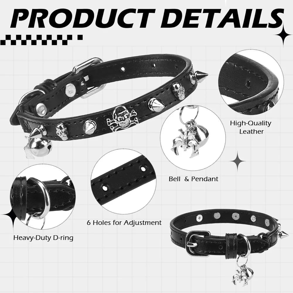 Adjustable Leather Cat Collar with Safety Elastic Belt, Punk Buckle Bell & Durable D-Ring, Rivet (Black)