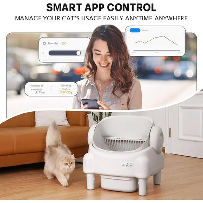 Luxury App-Controlled Open-Top Self-Cleaning Litter Box for Multiple Cats with Safety, Odor Control, 2 Liners, Large Bin - Cream