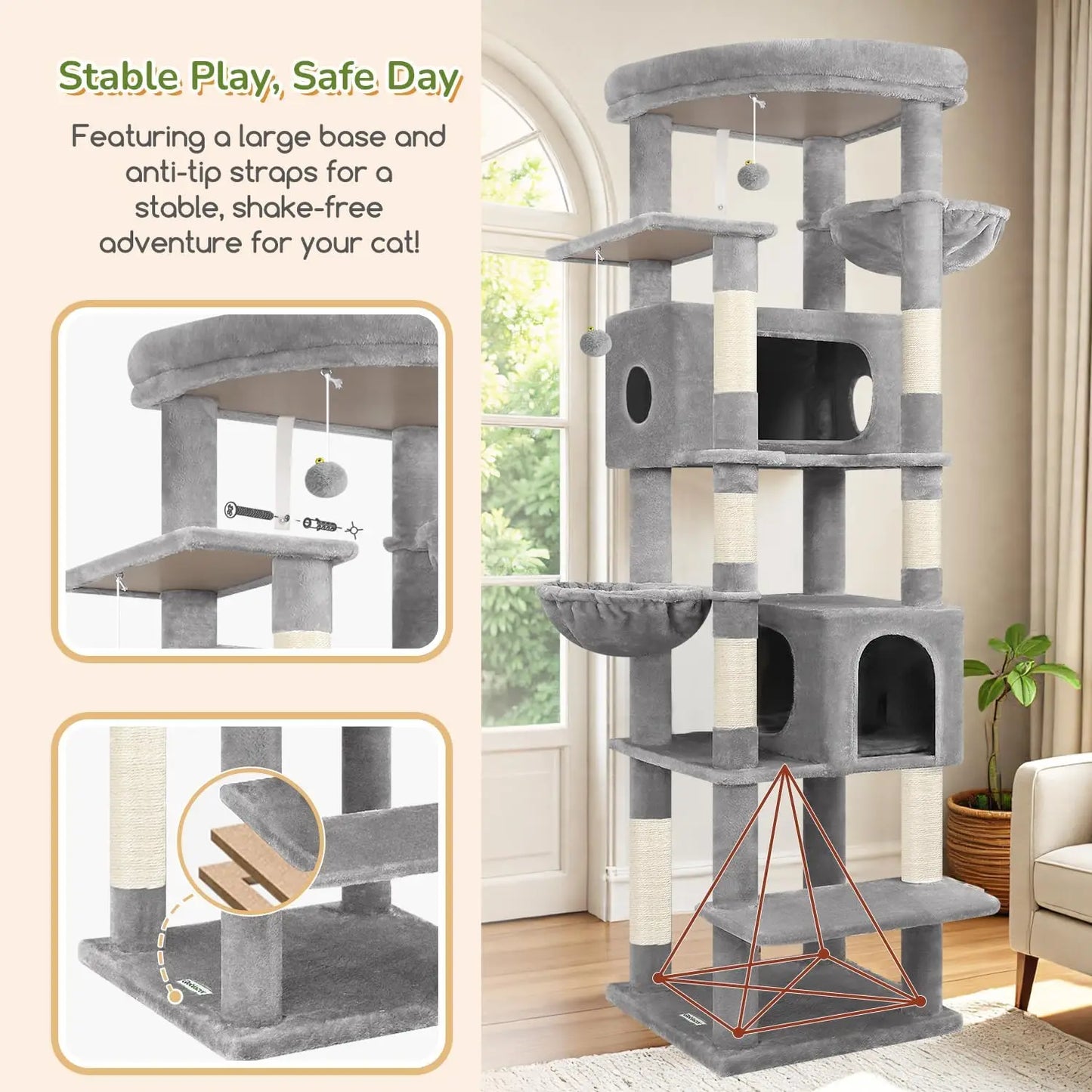 74in Heavy Duty Cat Tree for Large Cats, 7 Sisal Posts, 2 Condos & Hanging Baskets, Sturdy Tower with Top Perch, Light Grey
