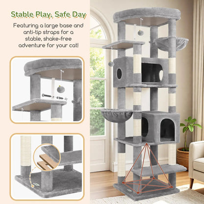74in Heavy Duty Cat Tree for Large Cats, 7 Sisal Posts, 2 Condos & Hanging Baskets, Sturdy Tower with Top Perch, Light Grey