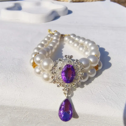 1pc Luxury Double Layer Pearl Pet Necklace with Diamond Pendant Wedding Costume Dog Cat Crystal Jewelry Accessories Pet Supplies