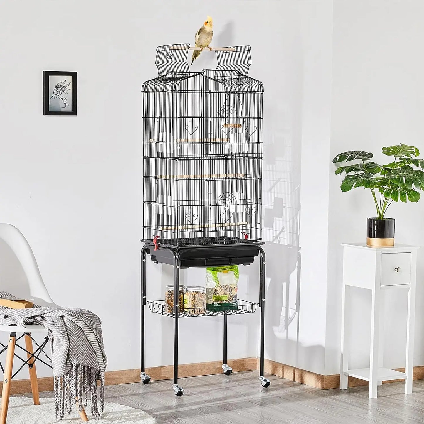 64'' Open Top Bird Cage for Parakeets, Cockatiels, Budgies, Lovebirds - with Slide-Out Tray, Feeders, Detachable Rolling Stand