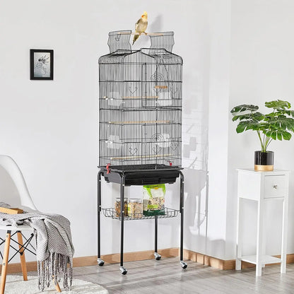 64'' Open Top Bird Cage for Parakeets, Cockatiels, Budgies, Lovebirds - with Slide-Out Tray, Feeders, Detachable Rolling Stand