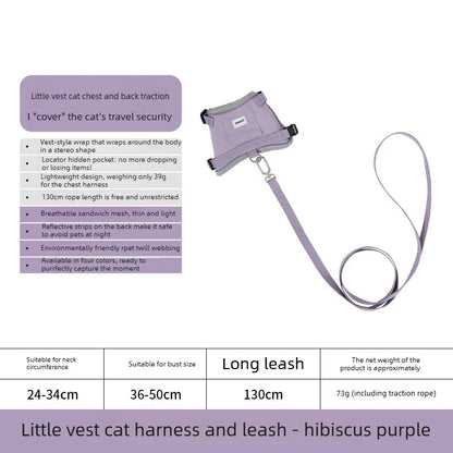 Anti-Escape Cat Vest Harness 39g, GPS Tracker Pocket, Breathable Mesh, Reflective, 130cm Leash for Walking,
