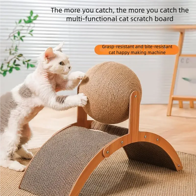 2 In 1 Wooden Cat Scratching Ball Sisal Scratch Board Durable Grinding Paw Toy Solid Wood Scraper