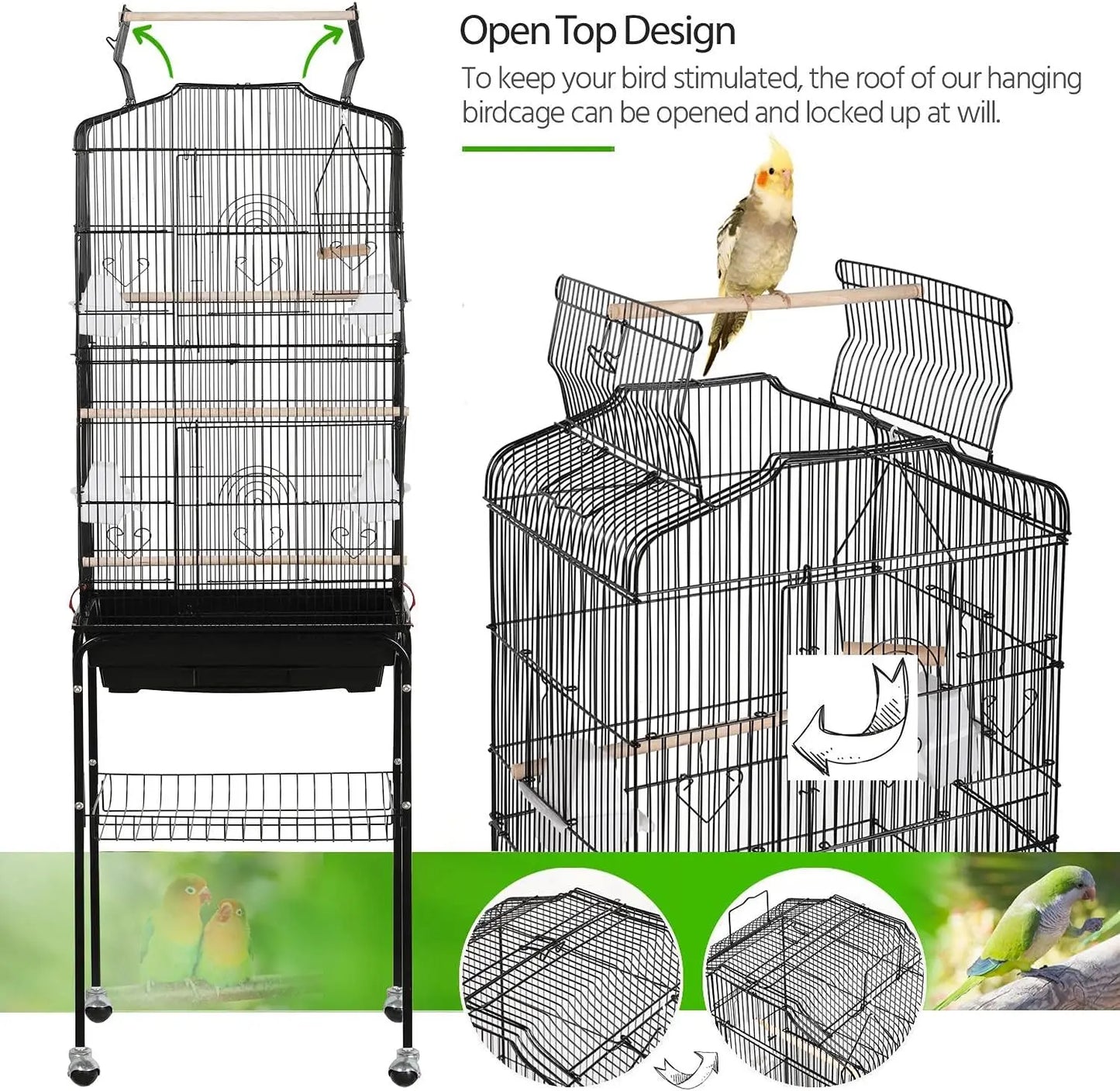 64'' Open Top Bird Cage for Parakeets, Cockatiels, Budgies, Lovebirds - with Slide-Out Tray, Feeders, Detachable Rolling Stand
