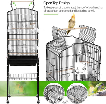 64'' Open Top Bird Cage for Parakeets, Cockatiels, Budgies, Lovebirds - with Slide-Out Tray, Feeders, Detachable Rolling Stand