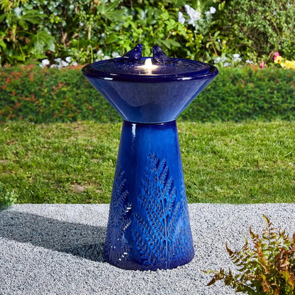 27.5" H Ceramic Garden Water Fountain with LED Light and Pump Bird Bath Fountain Outdoor Turquoise Embossed Pattern, Customized