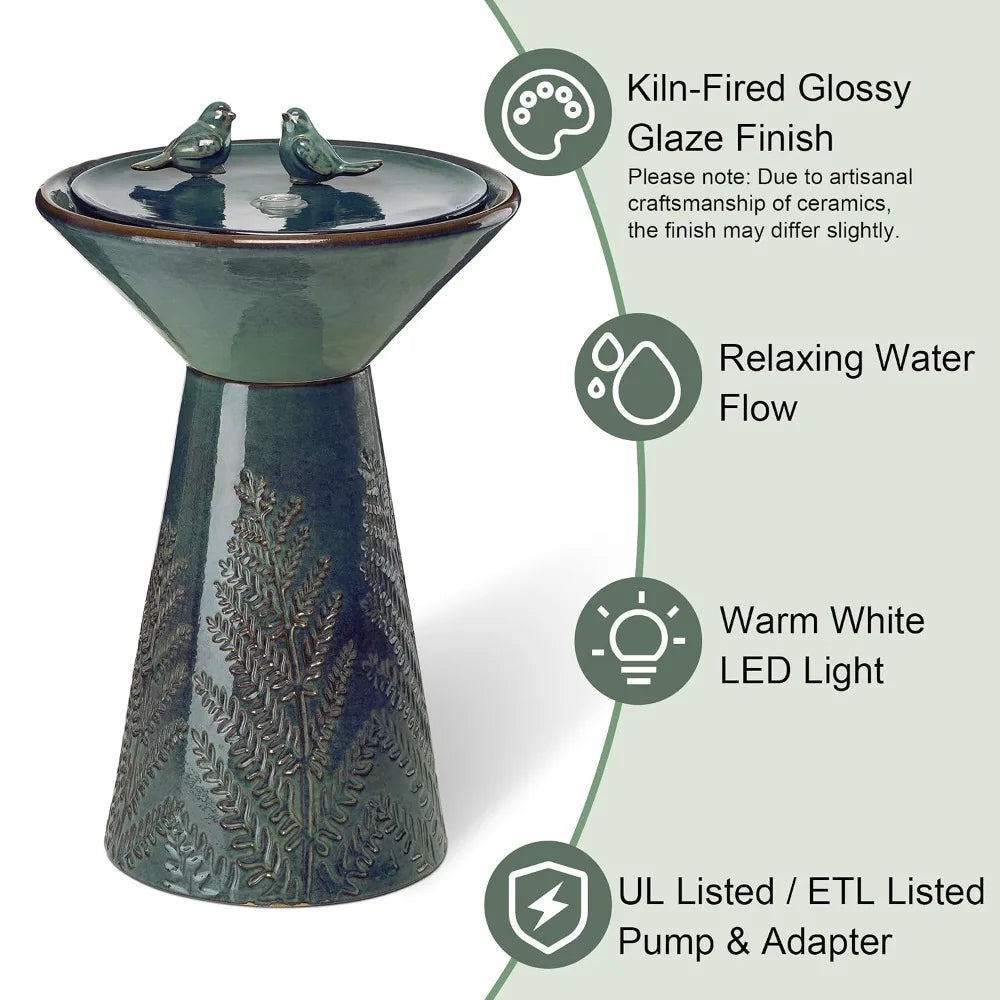 27.5" H Ceramic Garden Water Fountain with LED Light and Pump Bird Bath Fountain Outdoor Turquoise Embossed Pattern, Customized