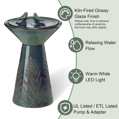 27.5" H Ceramic Garden Water Fountain with LED Light and Pump Bird Bath Fountain Outdoor Turquoise Embossed Pattern, Customized
