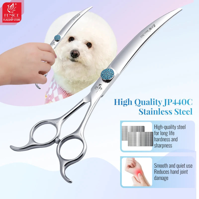 Fenice Professional 6.5/7.5 Inch Super Big Curved Scissors 45°  Curved Scissors for Trimming Dog's Round Head Pet Grooming Tools