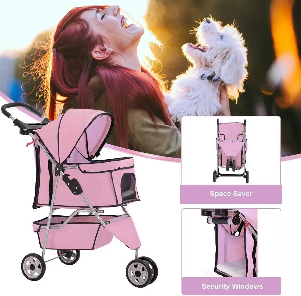 3-Wheel Folding Pet Stroller for Small Dogs and Cats, Waterproof with Cup Holder & Removable Liner, Pink