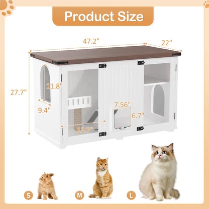 47.25" Cat House Large Space Hidden Cat Litter Box Enclosure with LED Light, Scratch Pad, Stairs and Smart Doors