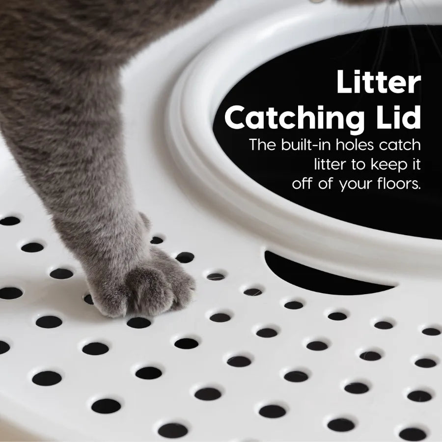 IRIS Large Top Entry Cat Litter Box with Litter Catching Lid and Scoop Enclosed Design Black White