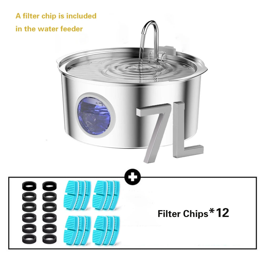 7L/236oz Large Capacity Pet Water Fountain 304 Stainless Steel Cat Water Fountain Ultra Quiet Pet Water Dispenser for Cats Dogs Automatic Drinking Bowl with Filter 24/7 Fresh Filtered Water Bowl（No 5V 1A Plug）