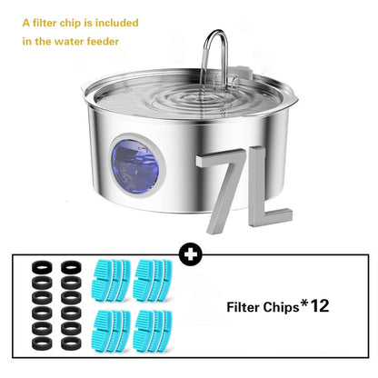 7L/236oz Large Capacity Pet Water Fountain 304 Stainless Steel Cat Water Fountain Ultra Quiet Pet Water Dispenser for Cats Dogs Automatic Drinking Bowl with Filter 24/7 Fresh Filtered Water Bowl（No 5V 1A Plug）
