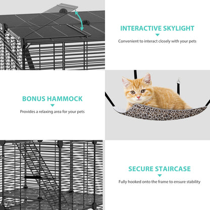 3-Tier Cat Cage Indoor Cat Enclosures DIY Detachable Metal Cat Kennel w/Hammock