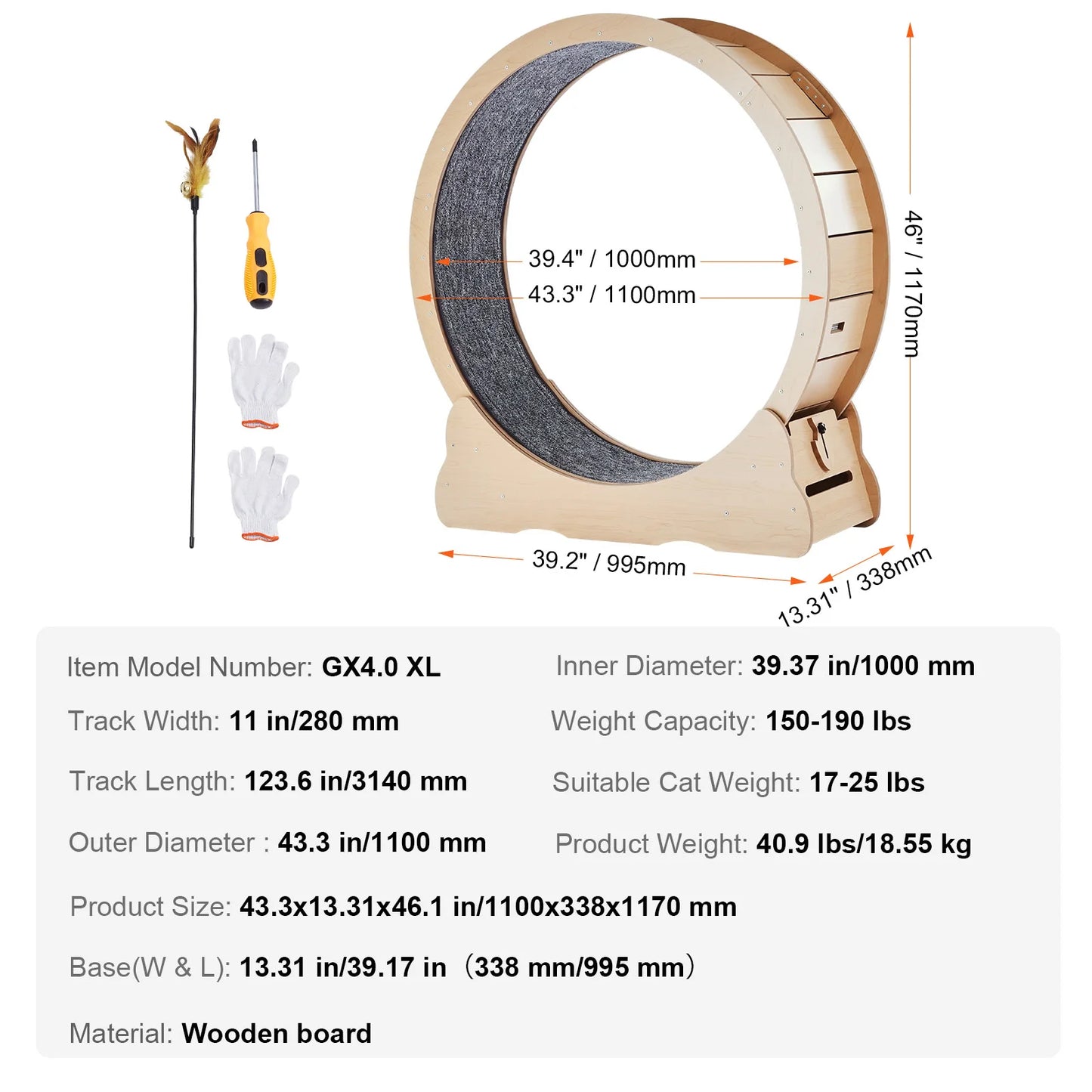 SucceBuy Wooden Cat Exercise Wheel with Detachable Carpet& Cat Teaser