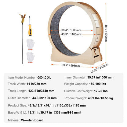 SucceBuy Wooden Cat Exercise Wheel with Detachable Carpet& Cat Teaser
