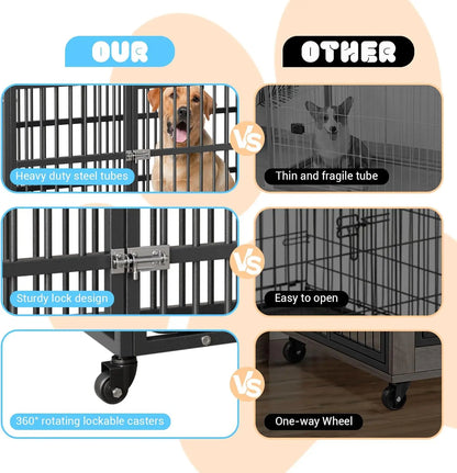 52 Inch Heavy Duty Dog Crate, Large Metal Dog Kennel with Roof Top, 2 Door Dog Cage House with Removable Tray and Wheels