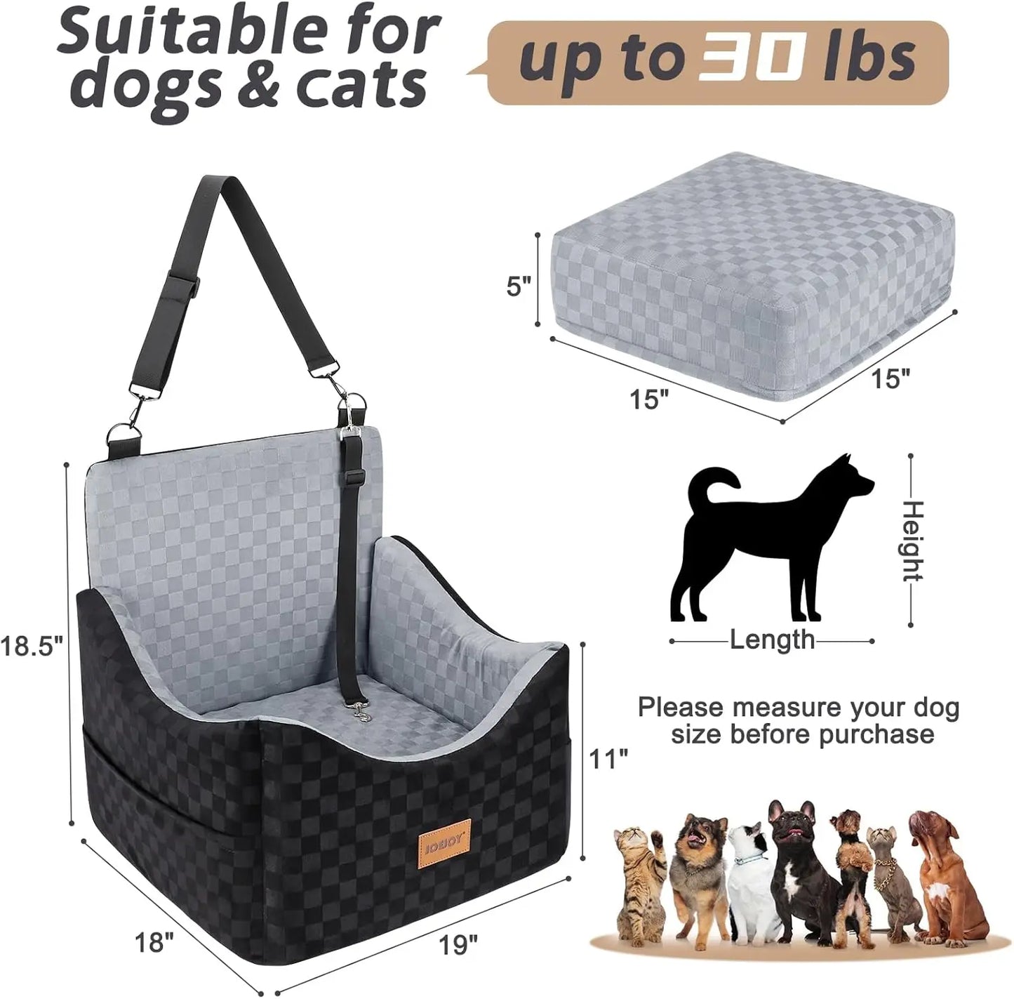 Elevated Dog Car Seat for Small/Medium Dogs up to 35 lbs, Memory Foam Booster with Washable Cover and Safety Belts