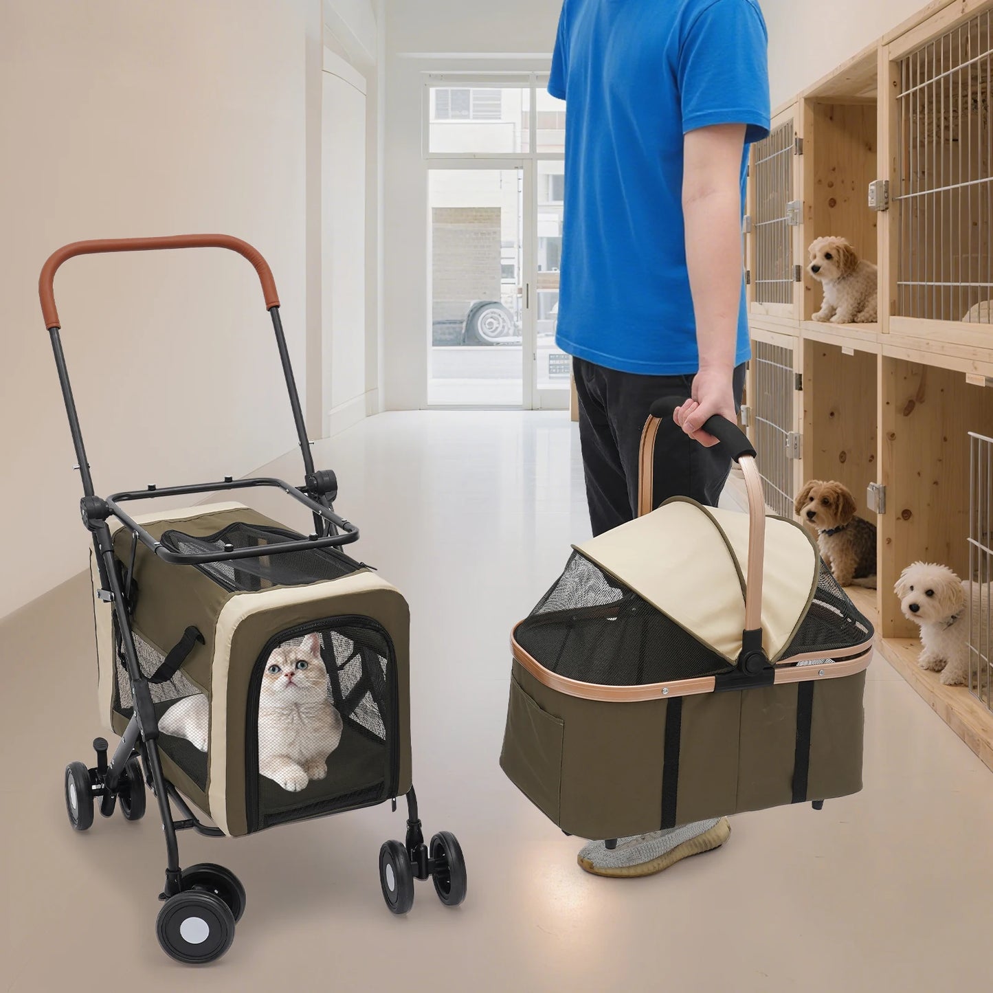 3-in-1 Multifunctional Pet Stroller Foldable Pet Stroller with 2 Pet Carriers for Small & Medium Dogs Bearing 77lbs Safety Lock