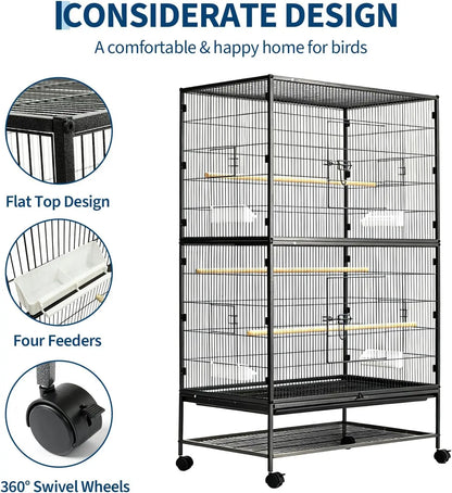 61" H Large Bird Cage with Rolling Storage Stands, Feed Bowls, Wide Tall Parakeet Cage for Parakeets, Parrot, Conures, Cockatiel