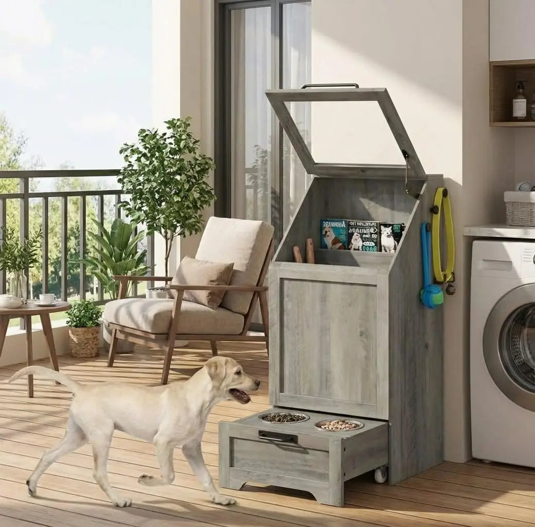 Dog Food Station with Storage, Raised Bowls, Dog Food Storage Cabinet with Hanger for Feeding