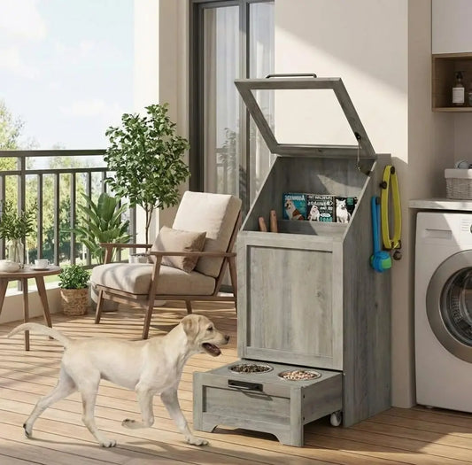 Dog Food Station with Storage, Raised Bowls, Dog Food Storage Cabinet with Hanger for Feeding