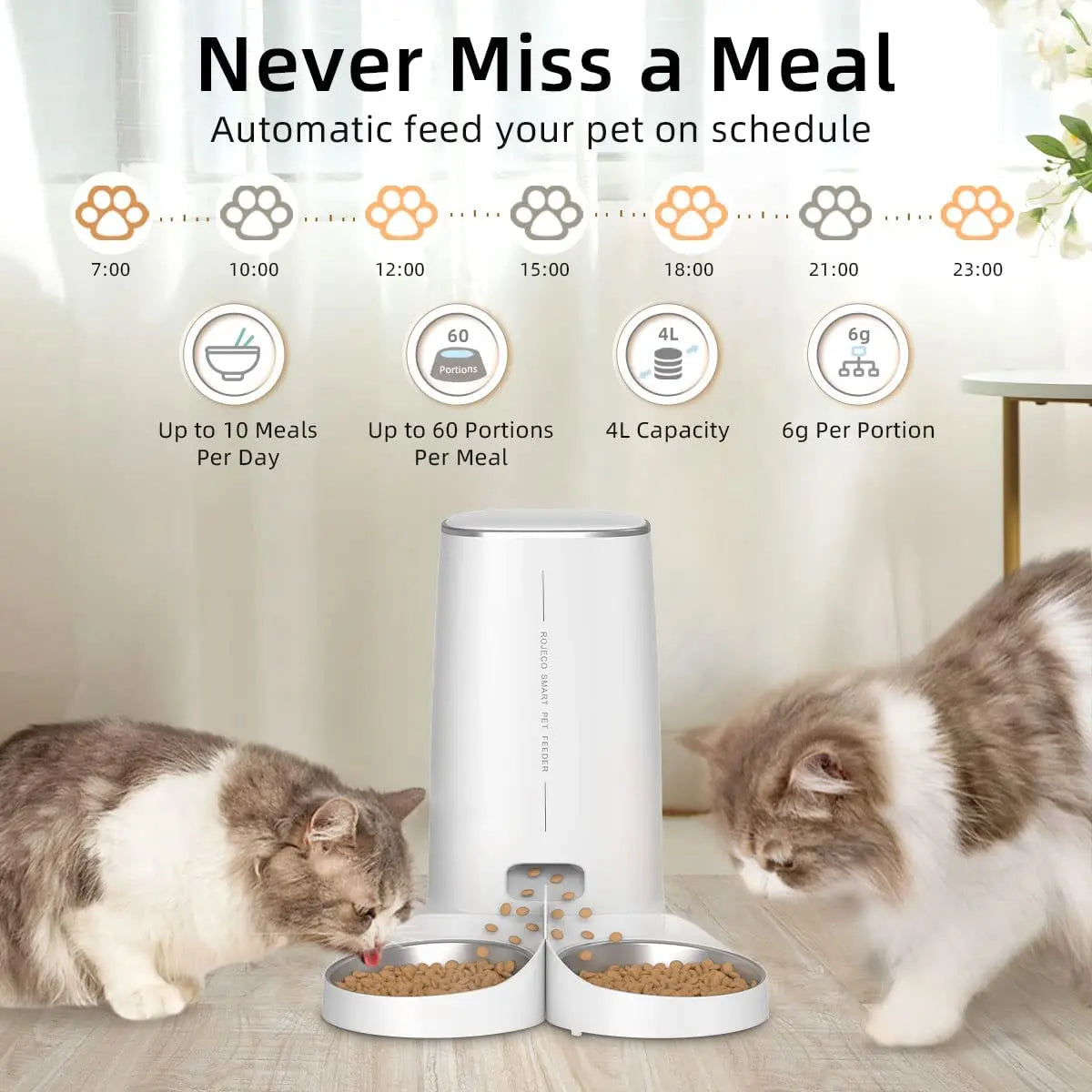 ROJECO Automatic Cat Feeder Pet Smart Cat Food Kibble Dispenser Remote Control Auto WiFi Double Feeder