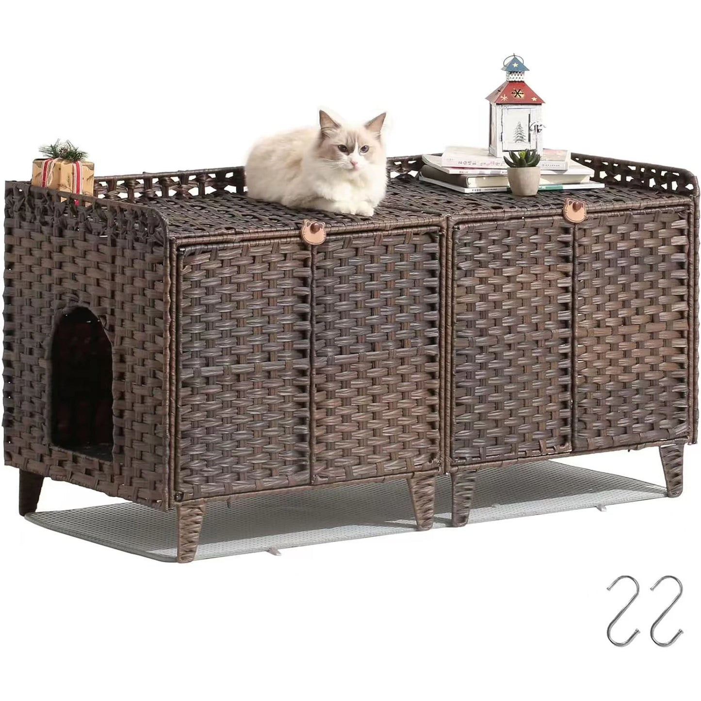 Cat Litter Box Enclosure Furniture, Handwoven Rattan Cat Bed Houses, Hidden Cat Washroom Furniture with Door/Mat