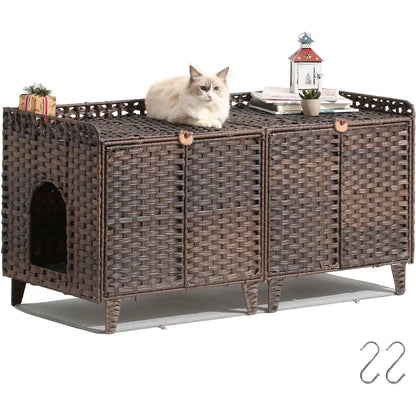 Cat Litter Box Enclosure Furniture, Handwoven Rattan Cat Bed Houses, Hidden Cat Washroom Furniture with Door/Mat