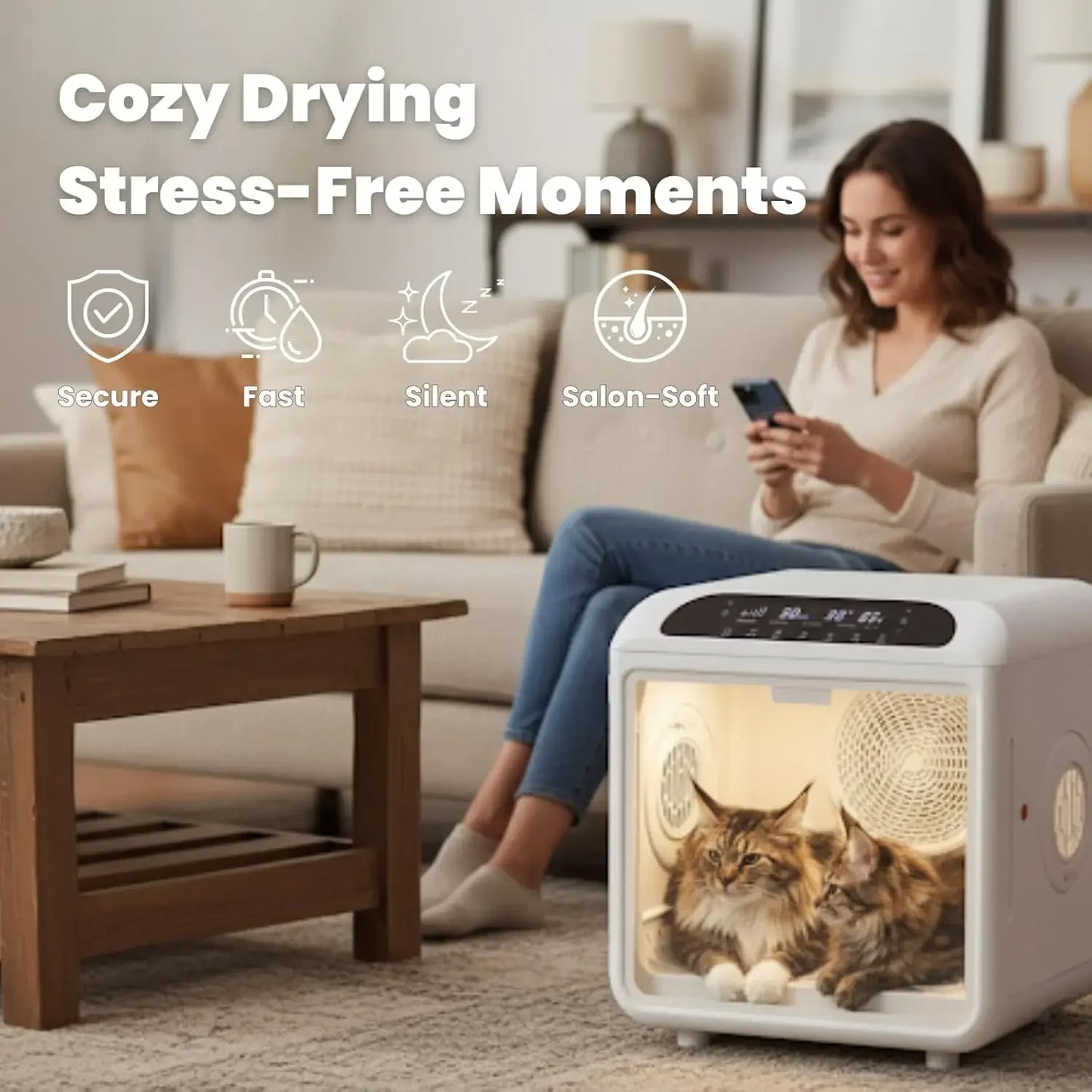 Low Noise Pet Dryer Box, 20 Air Vents, Gentle Fur Care, Smart App & All-Season Safety Grooming, Custom