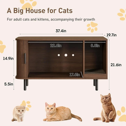Modern Cat Litter Box Enclosure with Sliding Door, Scratch Pad, Multifunctional Furniture for Living Room in Walnut