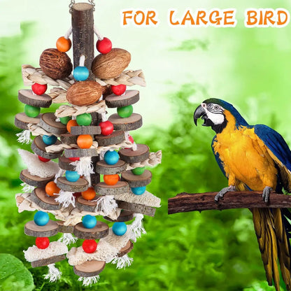 Large Parrot Toys Bird Chewing Toys-Natural Nuts Corn Loofah Wooden Bird Cage Toy for African Grey,Macaws,Conure,Cokatoos,Cockat