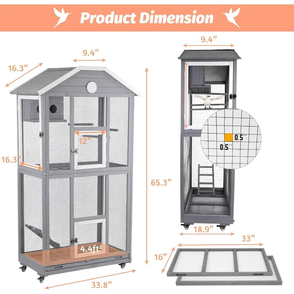 Outdoor Bird Cage Large, Wooden Flight Aviary with Perches, Nest Habitat, and Easy-Clean Pull Out Tray for Parakeets, Macaws.