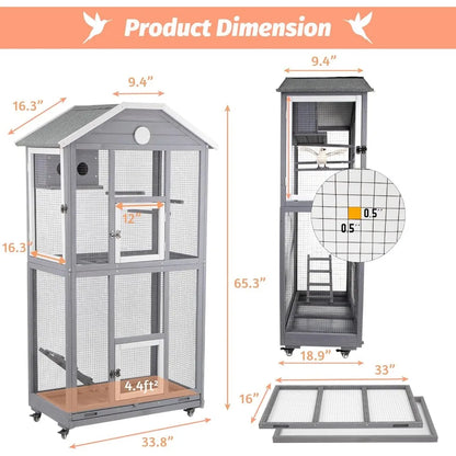 Outdoor Bird Cage Large, Wooden Flight Aviary with Perches, Nest Habitat, and Easy-Clean Pull Out Tray for Parakeets, Macaws.