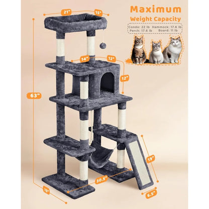 Yah 63" Multi-Level Cat Tree with Sisal Scratching Posts,Condo Hammock Dangling Ball,Platform for Cats Play Sleep