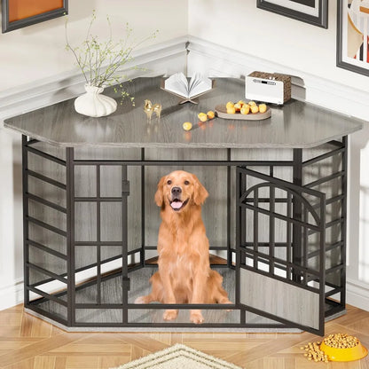 corner dog crate furniture, 52 inch large dog kennel indoor wooden end table, modern dog cage decorative pet house