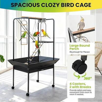 Pet Products Parrot Playstand with Wheels, Bird Cage Stand Activity Play Center with Perches and Ladders,Playground for Birds