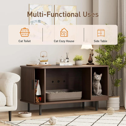 Modern Cat Litter Box Enclosure with Sliding Door, Scratch Pad, Multifunctional Furniture for Living Room in Walnut