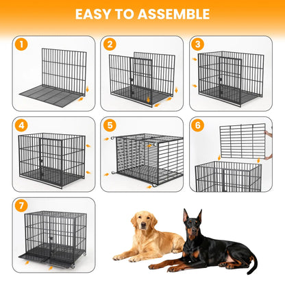 Heavy Duty Escape-Proof Metal Dog Crate Steel Kennel Dog Cage with 3 Doors, Removable Tray, Locking Wheels Medium/Large Breeds
