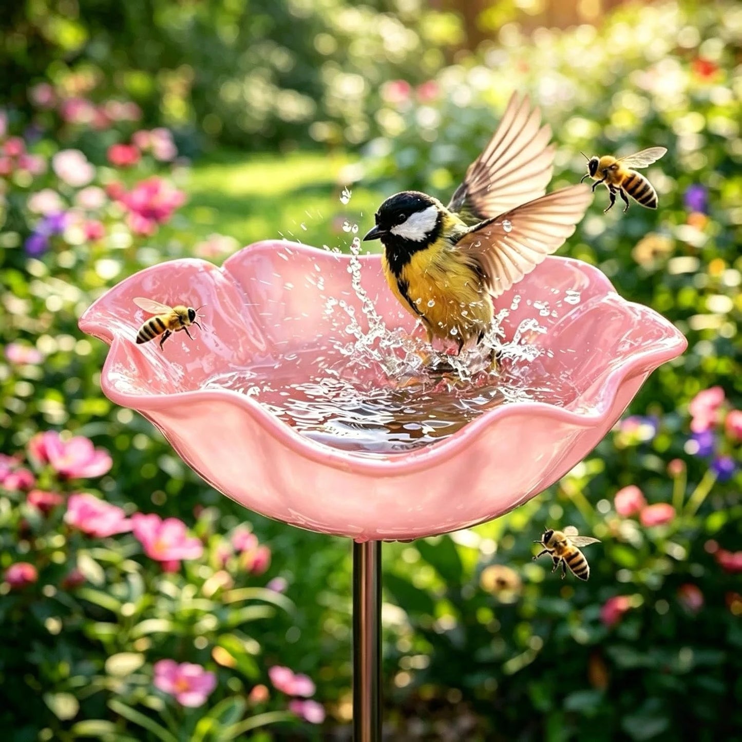 Metal Flower Garden Stakes Bird Bath 4-in-1 Pollinator Water Station - Hummingbird Feeder Bird Bath for Outdoor Yard Decor