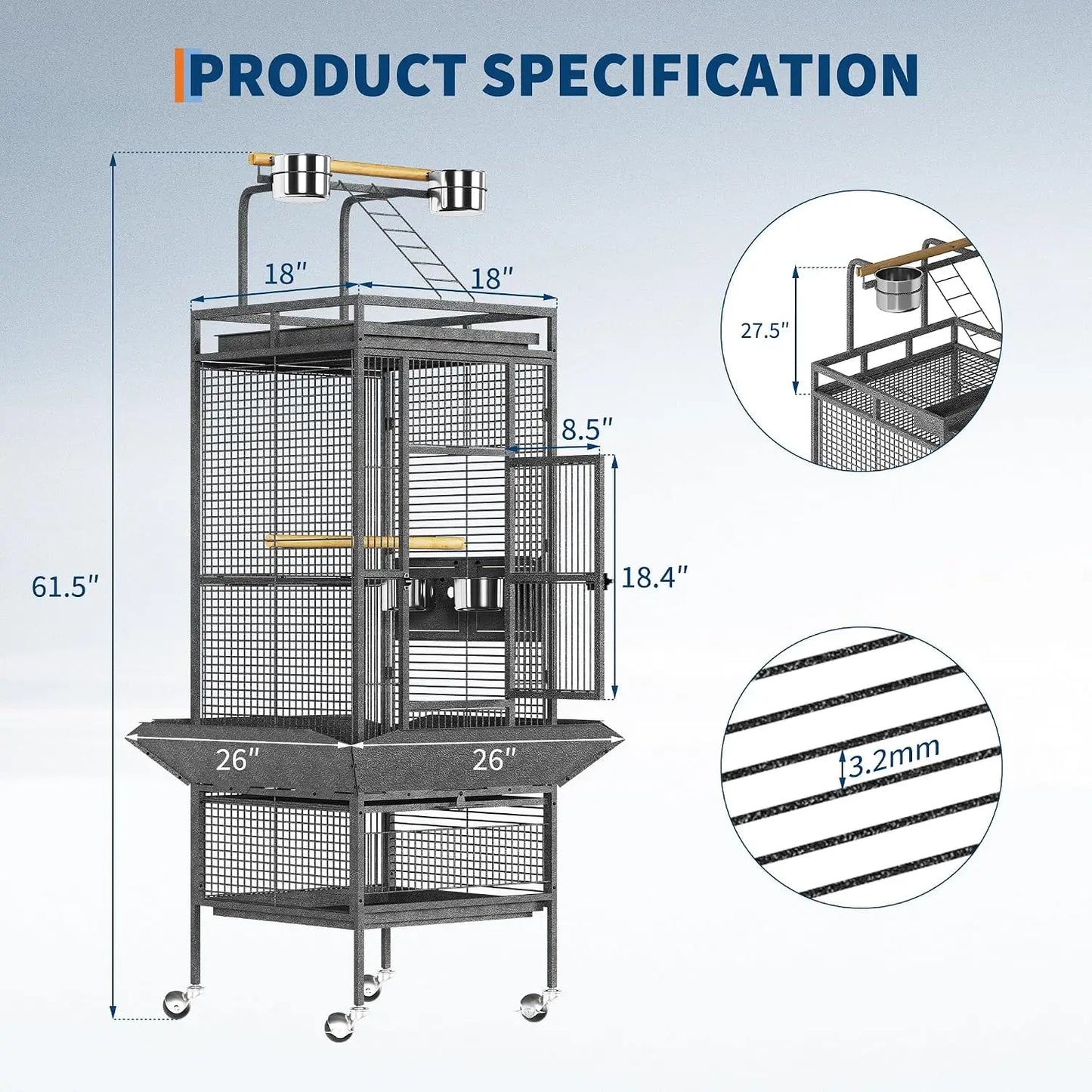 61in Large Bird Cage with Playground, Rolling Parrot Cage, Feeding Accessories, for Parrots, Parakeets, Conures, Black