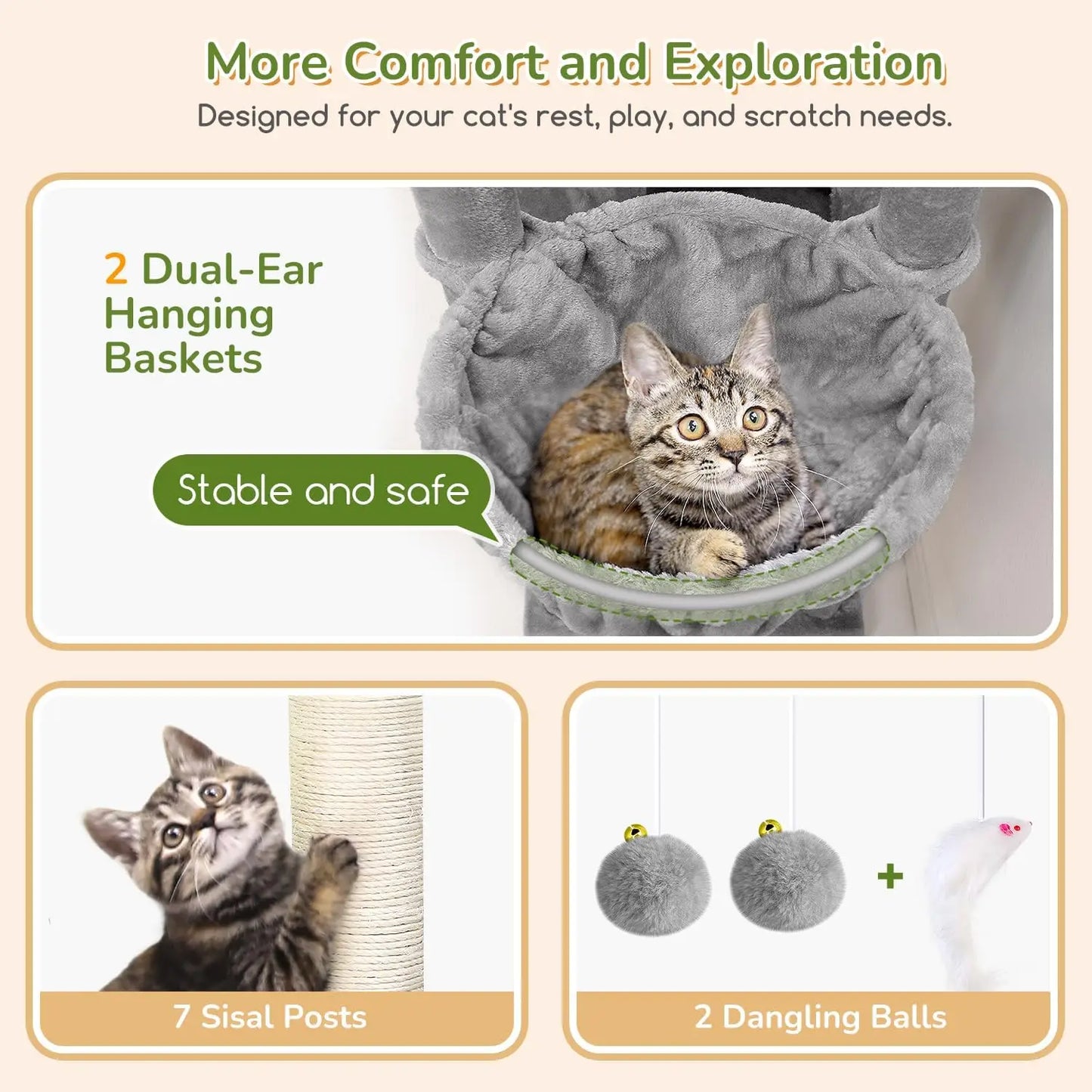 74in Heavy Duty Cat Tree for Large Cats, 7 Sisal Posts, 2 Condos & Hanging Baskets, Sturdy Tower with Top Perch, Light Grey