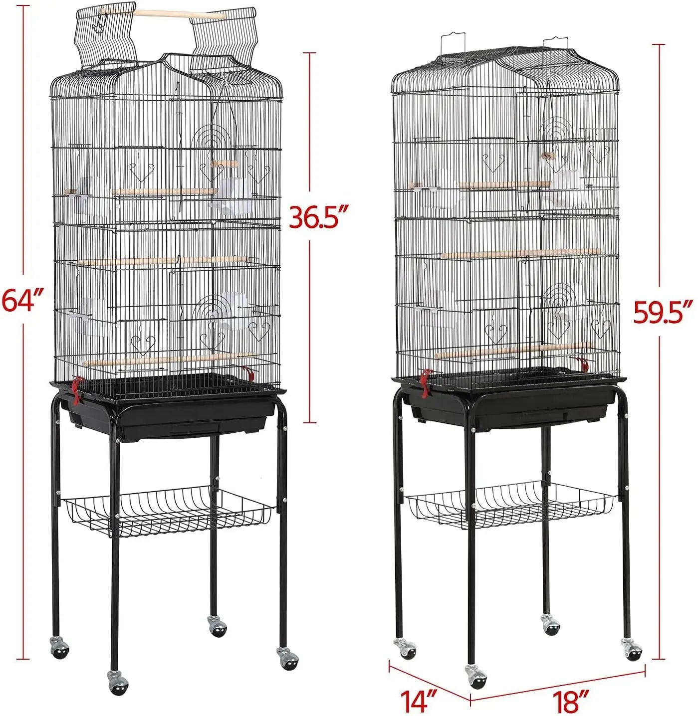 64'' Open Top Bird Cage for Parakeets, Cockatiels, Budgies, Lovebirds - with Slide-Out Tray, Feeders, Detachable Rolling Stand