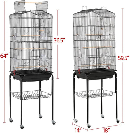 64'' Open Top Bird Cage for Parakeets, Cockatiels, Budgies, Lovebirds - with Slide-Out Tray, Feeders, Detachable Rolling Stand