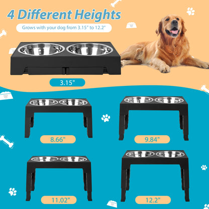 Elevated Dog Bowls with 2 Stainless Steel, Raised Dog Bowl Adjusts to 5 Heights (3.15", 8.66", 9.84",11.02", 12.2