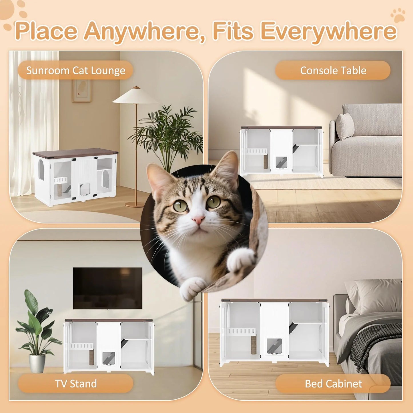47.25" Cat House Large Space Hidden Cat Litter Box Enclosure with LED Light, Scratch Pad, Stairs and Smart Doors